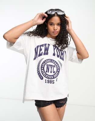 ASOS DESIGN - Oversize-T-Shirt aus schwerem Material in Eisgrau meliert mit Seitenschlitz und New-York-Grafik