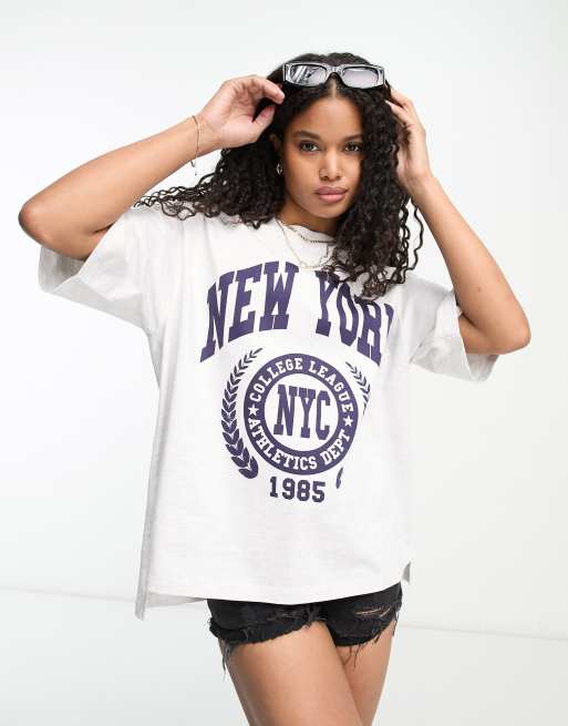 FhyzicsShops DESIGN – Oversize-T-shirt Boxed aus schwerem Material in Eisgrau meliert mit Seitenschlitz und New-York-Grafik