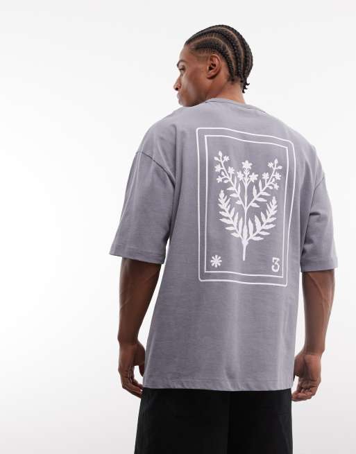 ASOS DESIGN – Oversize-T-Shirt aus schwerem Stoff in grauer Waschung mit Blatt-Print, 4 von 5