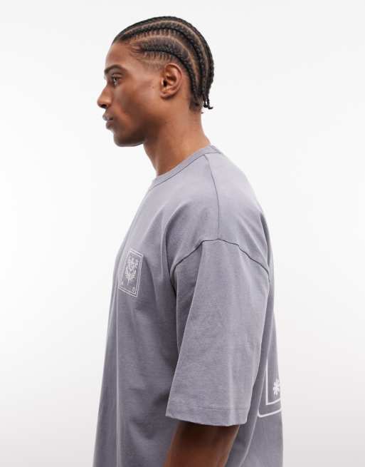 ASOS DESIGN – Oversize-T-Shirt aus schwerem Stoff in grauer Waschung mit Blatt-Print, 5 von 5