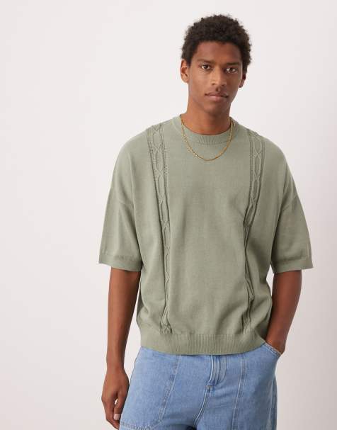 ASOS DESIGN – Oversize-T-Shirt aus Strick in Salbeigrün mit Rundhalsausschnitt und Stickerei-Detail - view 1