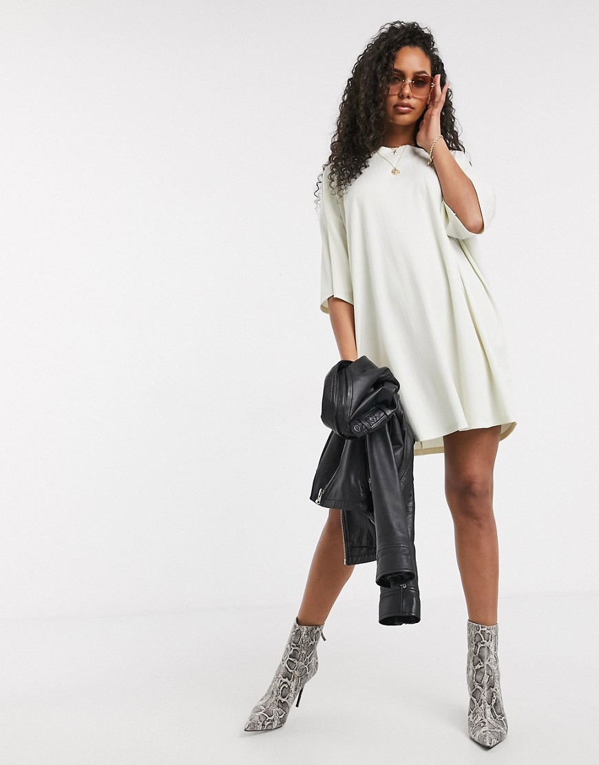 ASOS DESIGN oversize t-shirt dress in textured fabric in cream-Black