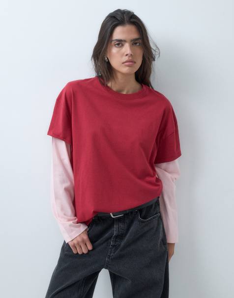 ASOS DESIGN oversize T-shirt dwuwarstwowy w czerwieni i różu - view 1