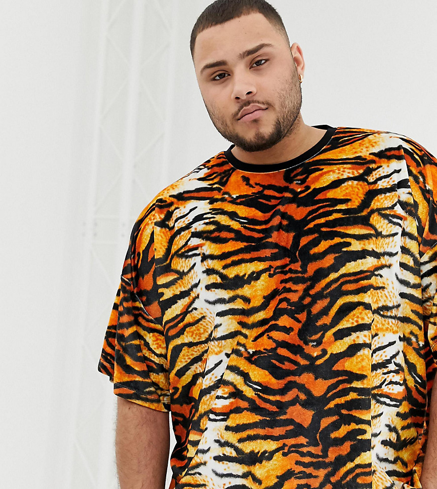 ASOS DESIGN – Oversize-t-shirt i plusstorlek med tigermönster i velour-Svart