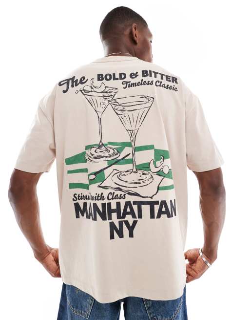 ASOS DESIGN – Oversize-T-Shirt in Anthrazit aus 220 g/m² schwerem Material in verwaschenem Rosa mit Stadt-Grafikprint