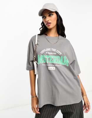 ASOS DESIGN - Oversize-T-Shirt in Anthrazit mit „Amsterdam"-Grafikprint-Grau