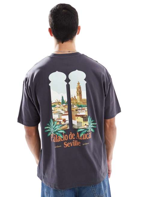 ASOS DESIGN – Oversize-T-Shirt in Anthrazit mit Landschafts-Print, 4 von 4