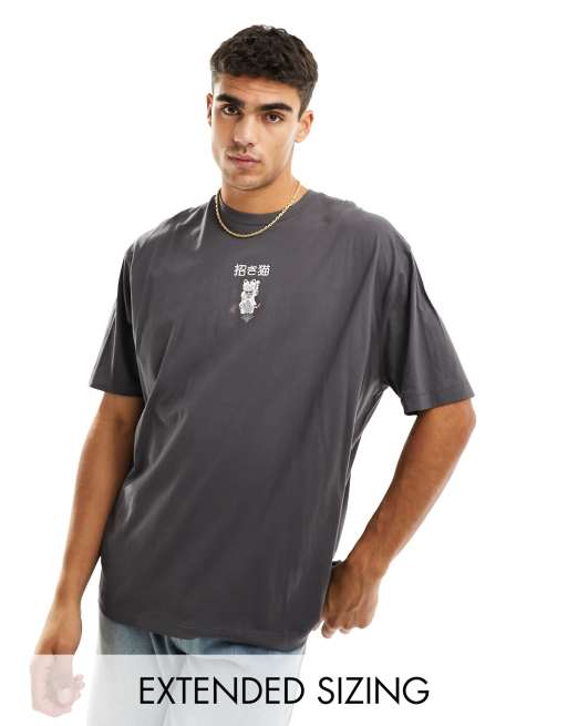 ASOS DESIGN – Oversize-T-Shirt in Anthrazit mit Souvenir-Print auf der Brust
