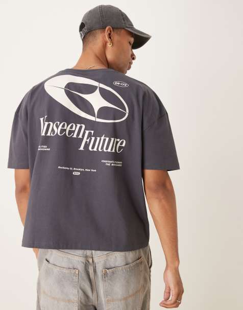 ASOS DESIGN – Oversize-T-Shirt in Anthrazit mit überschnittenen Schultern und Rückenprint - view 1