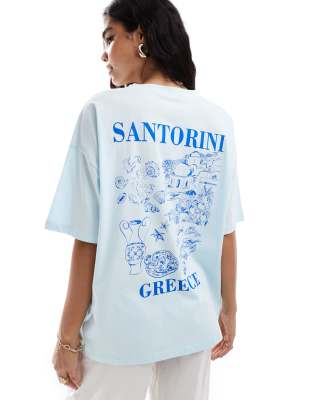 ASOS DESIGN - Oversize-T-Shirt in Babyblau mit „Santorini"-Grafikprint