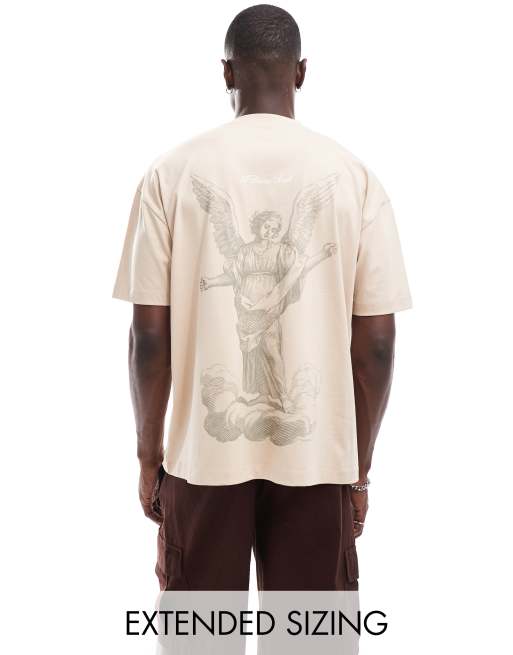 ASOS DESIGN – Oversize-T-Shirt in Beige mit Engel-Aufdruck am Rücken