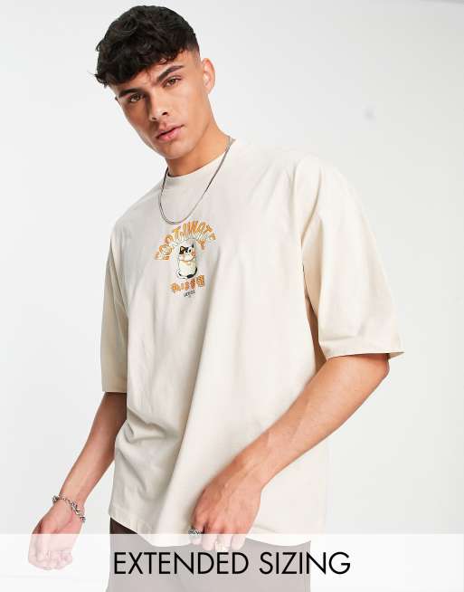 ASOS DESIGN – Oversize-T-Shirt in Beige mit Glückskatze-Print auf der Brust