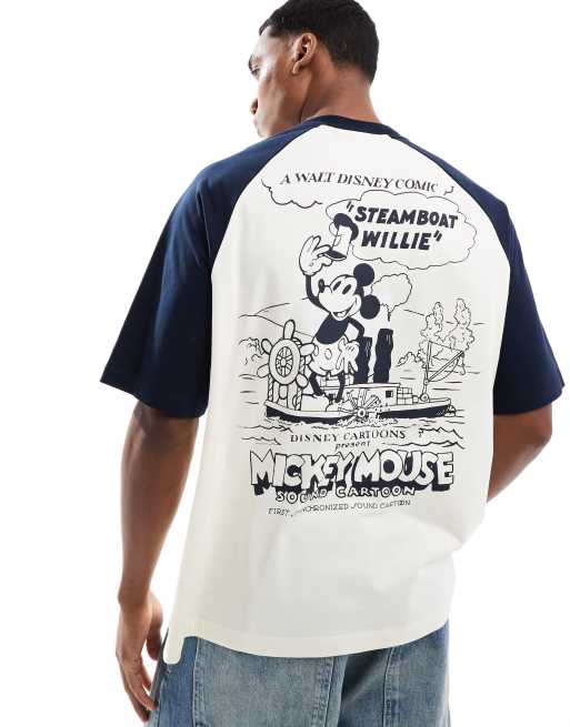 ASOS DESIGN – Oversize-T-Shirt in Beige mit kontrastierendem Design und Disney-Dampfschiff-Print