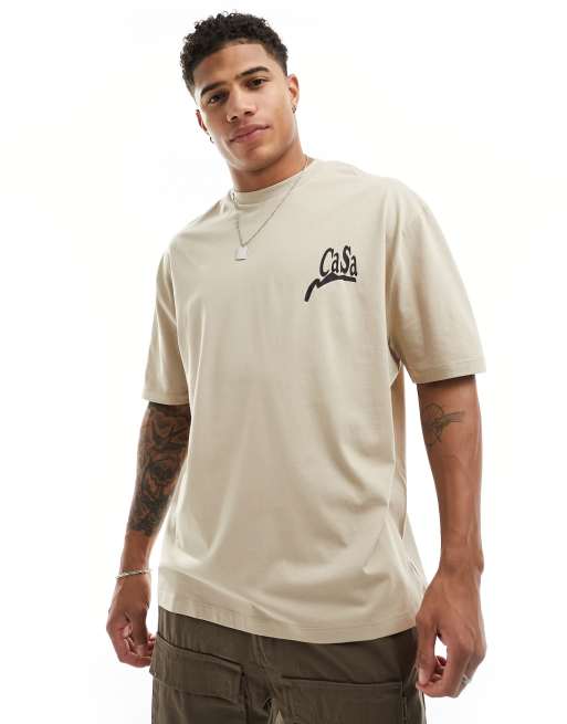ASOS DESIGN – Oversize-T-Shirt in Beige mit Textprint auf der Brust