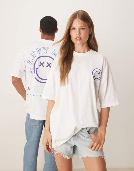 ASOS DESIGN – Oversize-T-Shirt in Blau im Unisex-Stil mit Smile-Print