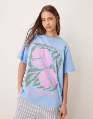 ASOS DESIGN - Oversize-T-Shirt in Blau mit „Hawaii"-Grafikprint