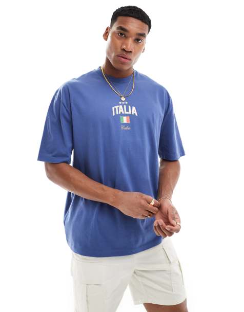 ASOS DESIGN – Oversize-T-Shirt in Blau mit Italia-Print auf der Brust - view 1