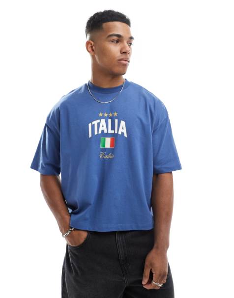 ASOS DESIGN – Oversize-T-Shirt in Blau mit kurzem Schnitt und „Italia“-Grafik - view 1