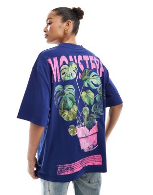 ASOS DESIGN - Oversize-T-Shirt in Blau mit „Monstera"-Pflanzen-Grafikprint