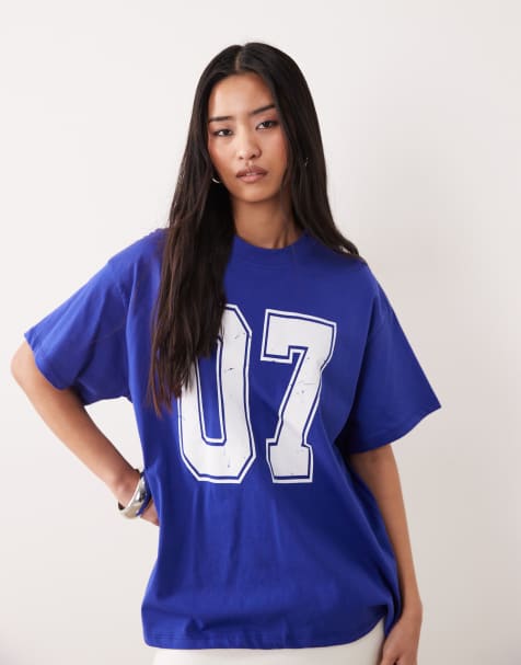 ASOS DESIGN – Oversize-T-Shirt in Blau mit Nummer im College-Stil - view 1
