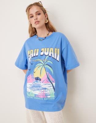 ASOS DESIGN – Oversize-T-Shirt in Blau mit San-Juan-Palmen-Grafik - view 1