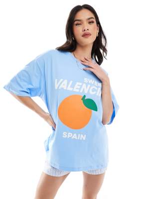 ASOS DESIGN - Oversize-T-Shirt in Blau mit Valencia-Print und Orangen-Grafik