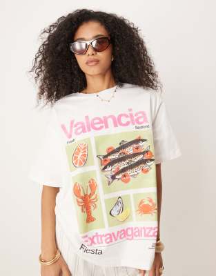 ASOS DESIGN - Oversize-T-Shirt in Blau mit Valencia- und Nahrungsmittel-Grafikprint-Weiß