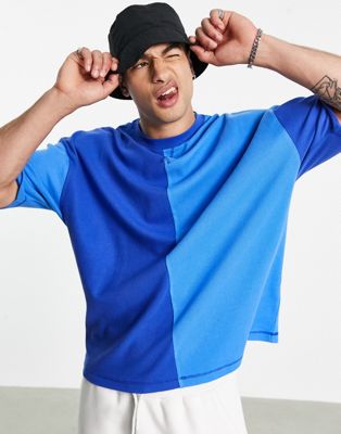 ASOS DESIGN – Oversize-T-Shirt in Blau mit Waffelstruktur und Farbblockdesign-Mehrfarbig