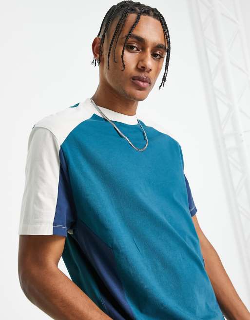 ASOS DESIGN – Oversize-T-Shirt in Blau und Ecru mit Blockfarbendesign