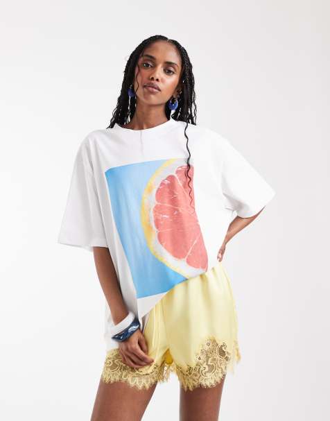 ASOS DESIGN – Oversize-T-Shirt in Blaugrün und Weiß mit Grapefruit-Grafikprint - view 1