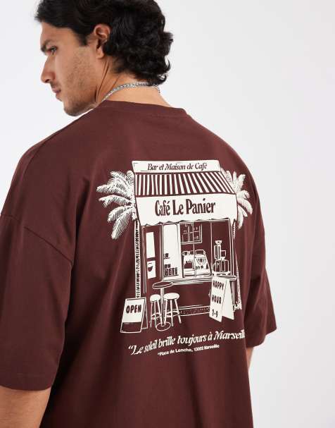 ASOS DESIGN – Oversize-T-Shirt in Braun mit Ladenfront-Print - view 1
