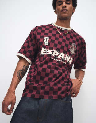 Oversize-T-Shirt in Burgunderrot mit „FIFA World Cup Spain"-Print Rot L