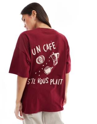 ASOS DESIGN - Oversize-T-Shirt in Burgunderrot mit „Un Café S'Il Vous Plait"-Print