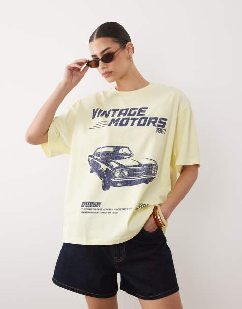 ASOS DESIGN – Oversize-T-Shirt in Buttermilchgelb mit „Vintage-Motors”-Autografik - view 1