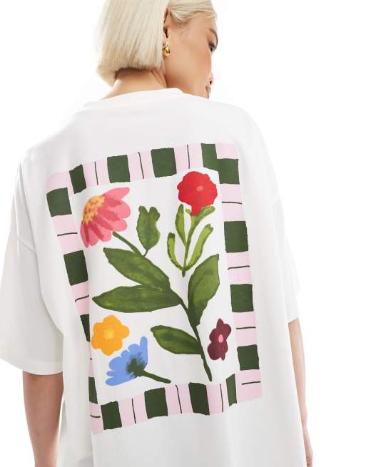 ASOS DESIGN – Oversize-T-Shirt in Creme mit floralem Grafikprint mit Streifenrand, 4 von 4