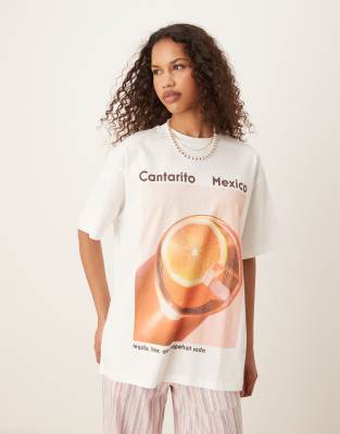 ASOS DESIGN - Oversize-T-Shirt in Creme mit Mexico-Cocktail-Print-Bunt