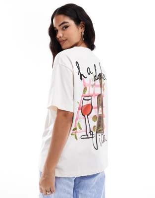 ASOS DESIGN - Oversize-T-Shirt in Creme mit Wein-Print hinten-Weiß