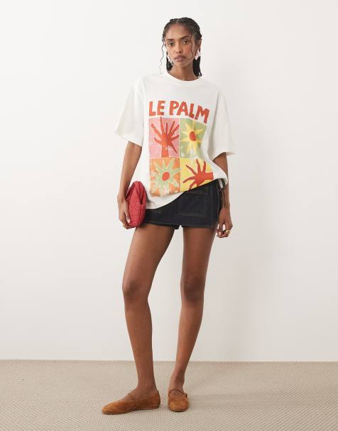 ASOS DESIGN – Oversize-T-Shirt in Cremeweiß mit abstraktem „Le Palm“-Grafikprint - view 1