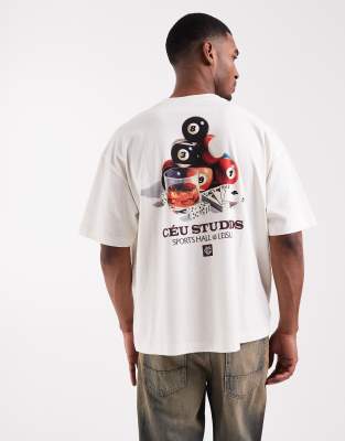 Oversize-T-Shirt in Cremeweiß mit Billard-Motivprint Weiß L