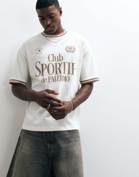 ASOS DESIGN – Oversize-T-Shirt in Cremeweiß mit „Club Sportif“-Print und Zierstreifen - view 1
