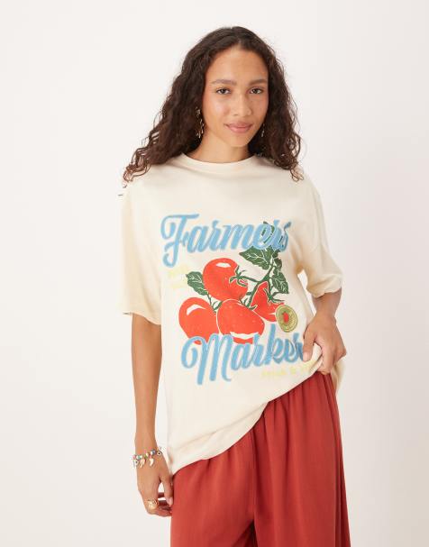 ASOS DESIGN – Oversize-T-Shirt in Cremeweiß mit „Farmer"- und Tomaten-Print - view 1