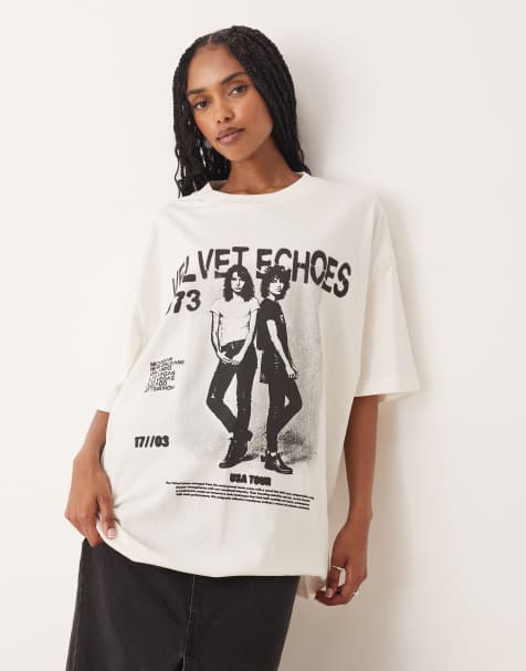 ASOS DESIGN – Oversize-T-Shirt in Cremeweiß mit Vintage-Band-Grafikprint - view 1