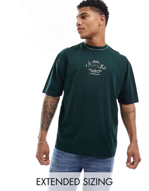 ASOS DESIGN – Oversize-T-Shirt in Dunkelgrün mit Cricket-Print auf der Brust