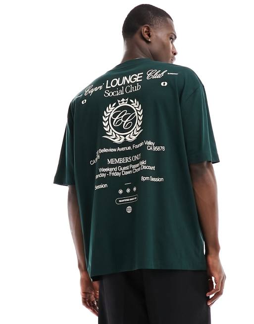 ASOS DESIGN – Oversize-T-Shirt in Dunkelgrün mit Print auf Brust und Rücken