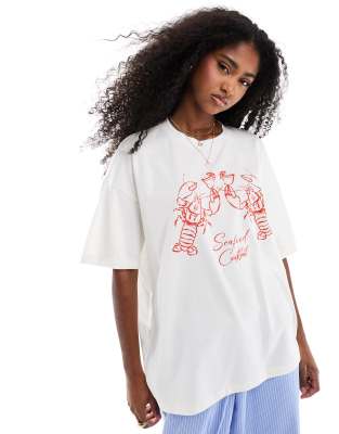 ASOS DESIGN - Oversize-T-Shirt in Ecru mit Hummergrafik-Weiß