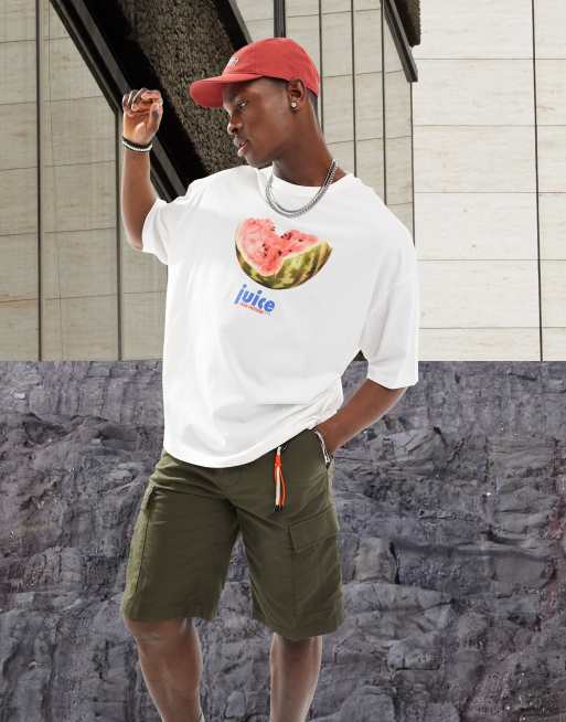 ASOS DESIGN – Oversize-T-Shirt in Ecru mit Wassermelonen-Print auf der Vorderseite