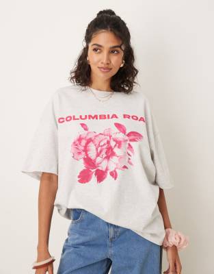 ASOS DESIGN - Oversize-T-Shirt in eisgrau meliert mit „Columbia Road"-Grafikprint