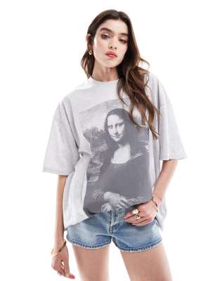 ASOS DESIGN - Oversize-T-Shirt in Eisgrau meliert mit lizenziertem Mona Lisa-Print