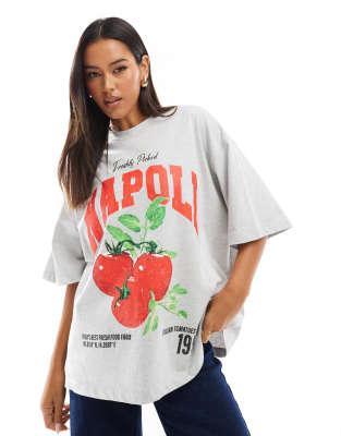 ASOS DESIGN - Oversize-T-Shirt in Eisgrau meliert mit Napoli-Tomaten-Grafik