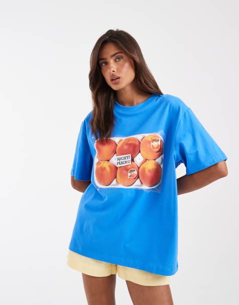 ASOS DESIGN – Oversize-T-Shirt in Electric-Blau mit Pfirsich-Grafik - view 1